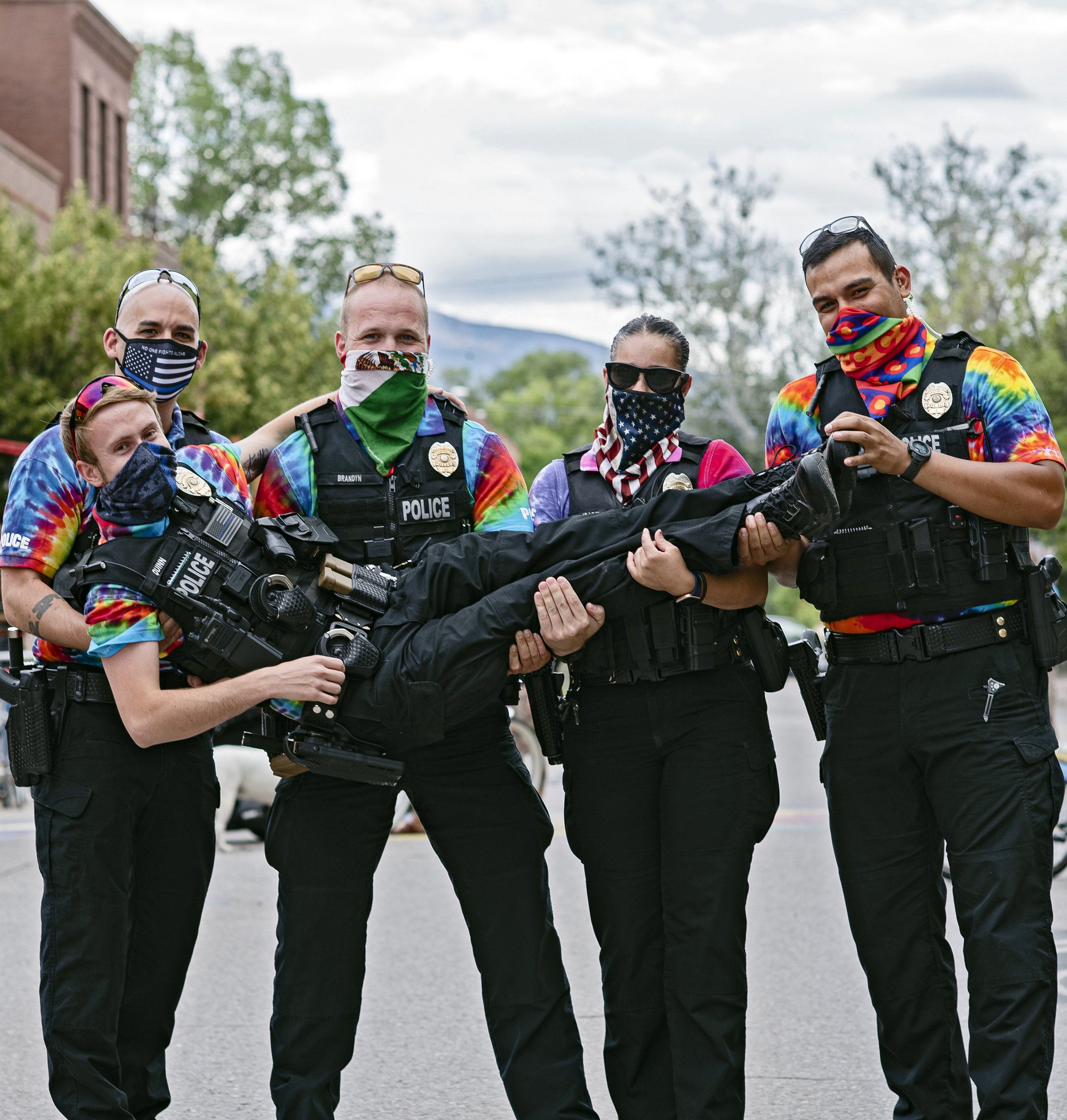 On Mountain Fair weekend masked cops were wearing the traditional tie dye. Photo by Laurel Smith