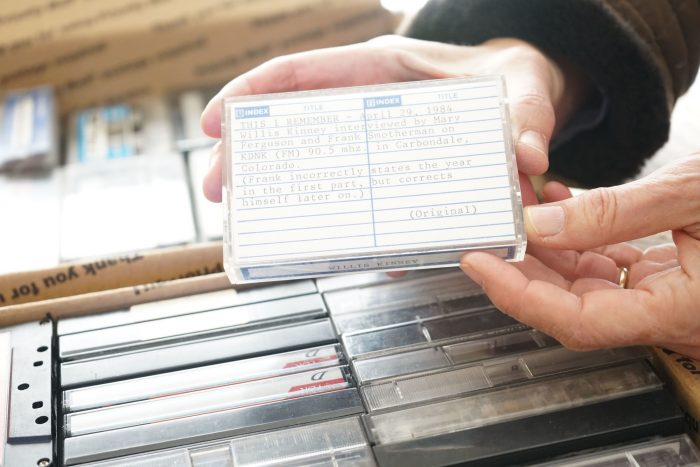 This cassette tape, which contains a historical interview conducted by Mary Ferguson and Frank Smotherman of Willis Kinney, is one of the estimated 230 tapes from the collection of oral histories recorded by Ferguson. Photo by Trina Ortega.